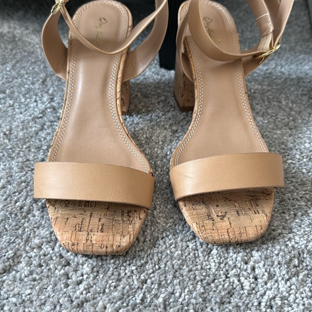 Tan Ankle Strap Sandals with Cork Heel